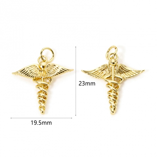 Изображение 2 PCs Eco-friendly Brass Medical Charms 18K Real Gold Plated Medical Alert ID Caduceus Hollow 23mm x 19.5mm