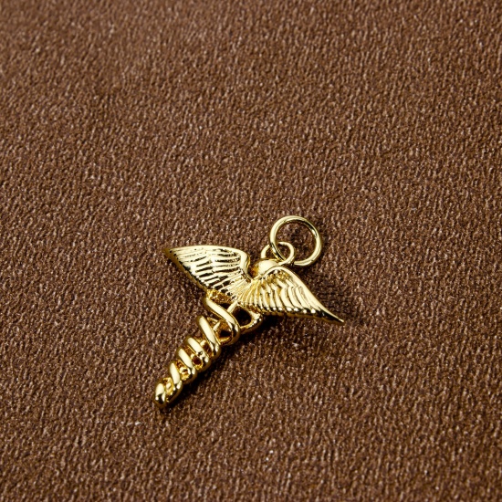 Изображение 2 PCs Eco-friendly Brass Medical Charms 18K Real Gold Plated Medical Alert ID Caduceus Hollow 23mm x 19.5mm