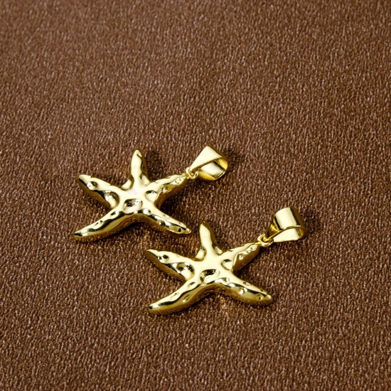 Imagen de 2 PCs Eco-friendly Brass Ocean Jewelry Charm Pendant 18K Real Gold Plated Star Fish 26mm x 17mm