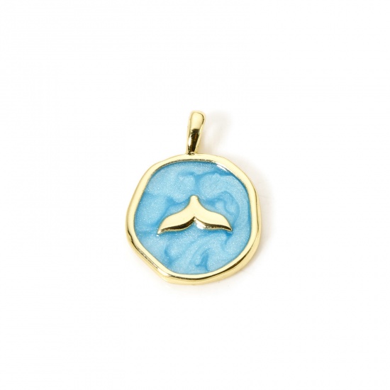 2 PCs Eco-friendly Brass Charms 18K Real Gold Plated Blue Pearlized Irregular Fishtail Enamel 19mm x 14mm の画像