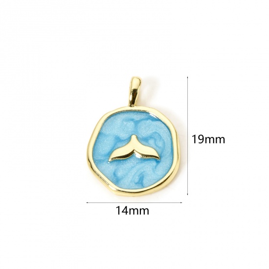 2 PCs Eco-friendly Brass Charms 18K Real Gold Plated Blue Pearlized Irregular Fishtail Enamel 19mm x 14mm の画像