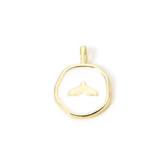 2 PCs Eco-friendly Brass Charms 18K Real Gold Plated White Irregular Fishtail Enamel 19mm x 14mm の画像