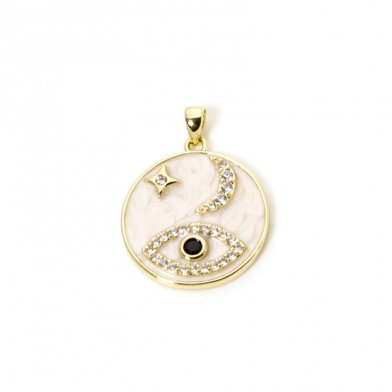 Image de 1 Pièce Pendentif Breloque en Laiton Respectueux de la Nature œil Plaqué Or Véritable 18K Blanc Lune Émail à Zircone Cubique Noir 28mm x 21mm