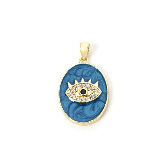Image de 1 Pièce Pendentif Breloque Micro Pave en Laiton Respectueux de la Nature œil Plaqué Or Véritable 18K Bleu Foncé Perlaire Émail à Zircone Cubique Clair & Noir 26mm x 15mm