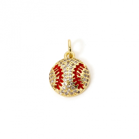 Imagen de 1 Piece Eco-friendly Brass Sport Charms 18K Real Gold Plated Red Baseball Enamel Clear Cubic Zirconia 16mm x 11mm