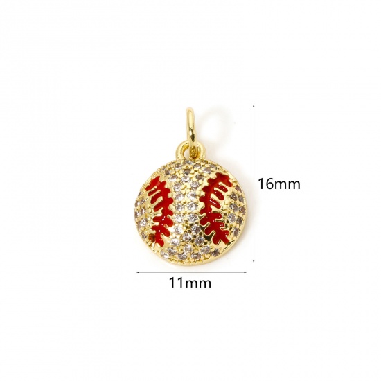 Imagen de 1 Piece Eco-friendly Brass Sport Charms 18K Real Gold Plated Red Baseball Enamel Clear Cubic Zirconia 16mm x 11mm