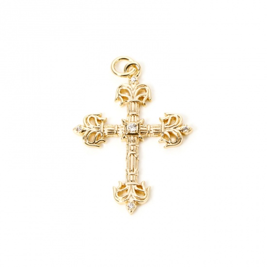 Imagen de 1 Piece Eco-friendly Brass Religious Pendants 18K Real Gold Plated Cross Clear Cubic Zirconia 3.3cm x 2.2cm