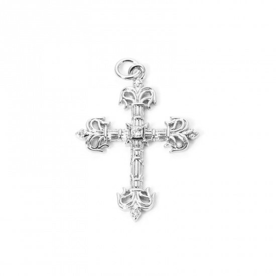 Imagen de 1 Piece Eco-friendly Brass Religious Pendants Real Platinum Plated Cross Clear Cubic Zirconia 3.3cm x 2.2cm