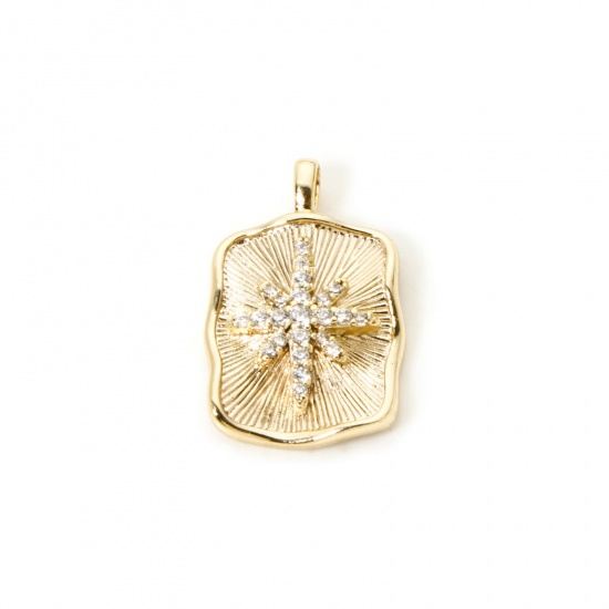 1 Piece Eco-friendly Brass Religious Charms 18K Real Gold Plated Rectangle Cross Micro Pave Clear Cubic Zirconia 21.5mm x 14mm の画像