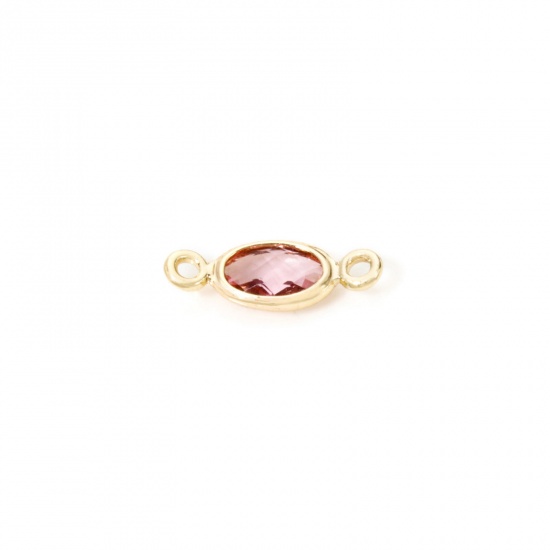 Picture of 5 PCs Eco-friendly Brass Connectors Charms Pendants Oval 18K Real Gold Plated Pink Rhinestone 10mm x 4mm