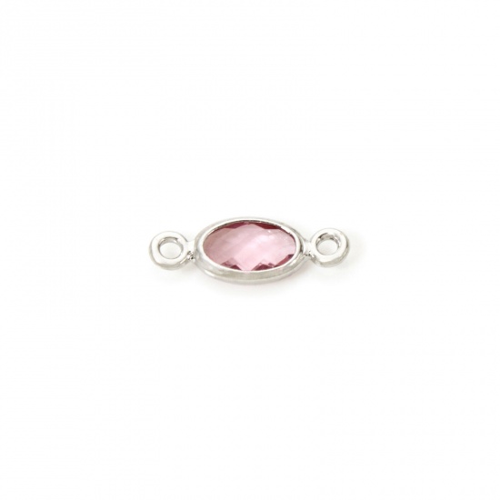 Picture of 5 PCs Eco-friendly Brass Connectors Charms Pendants Oval Real Platinum Plated Pink Rhinestone 10mm x 4mm