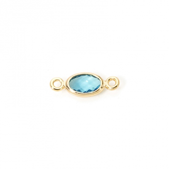 Picture of 5 PCs Eco-friendly Brass Connectors Charms Pendants Oval 18K Real Gold Plated Blue Rhinestone 10mm x 4mm
