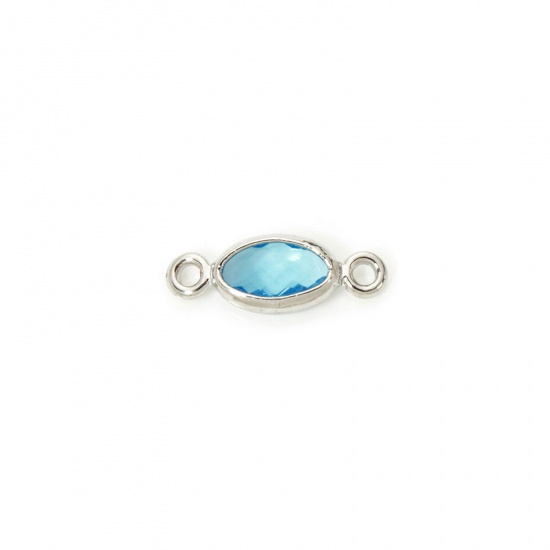Picture of 5 PCs Eco-friendly Brass Connectors Charms Pendants Oval Real Platinum Plated Blue Rhinestone 10mm x 4mm