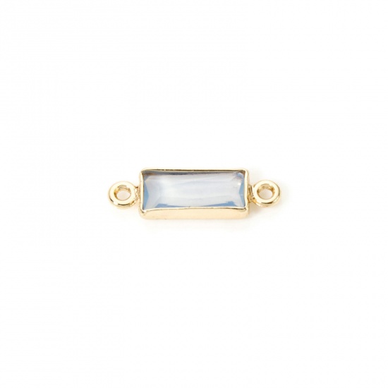 Picture of 5 PCs Eco-friendly Brass Connectors Charms Pendants Rectangle 18K Real Gold Plated Light Blue Rhinestone 12mm x 4mm