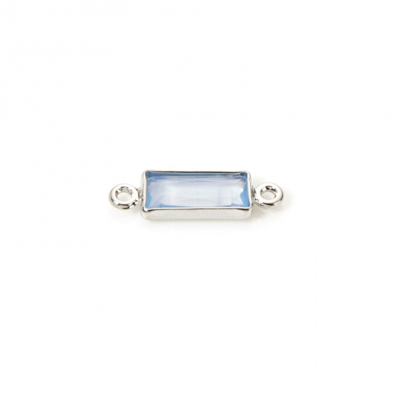 Picture of 5 PCs Eco-friendly Brass Connectors Charms Pendants Rectangle Real Platinum Plated Light Blue Rhinestone 12mm x 4mm