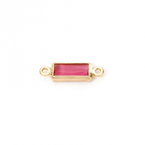 Picture of 5 PCs Eco-friendly Brass Connectors Charms Pendants Rectangle 18K Real Gold Plated Fuchsia Rhinestone 12mm x 4mm