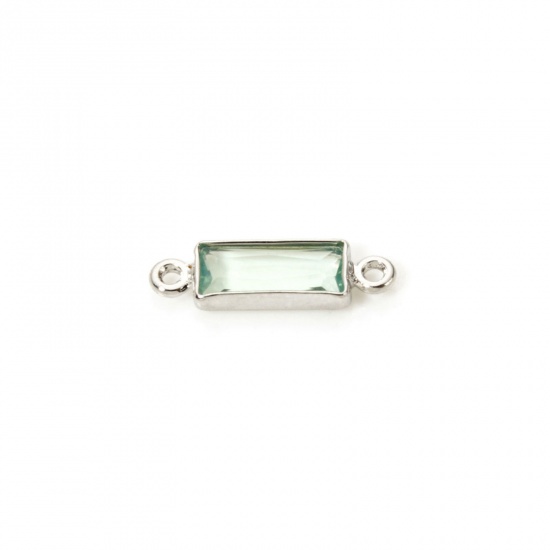 Picture of 5 PCs Eco-friendly Brass Connectors Charms Pendants Rectangle Real Platinum Plated Light Green Rhinestone 12mm x 4mm