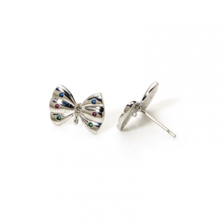 2 PCs Eco-friendly Brass Ear Post Stud Earrings Real Platinum Plated Bowknot With Loop Multicolour Cubic Zirconia 15mm x 10mm