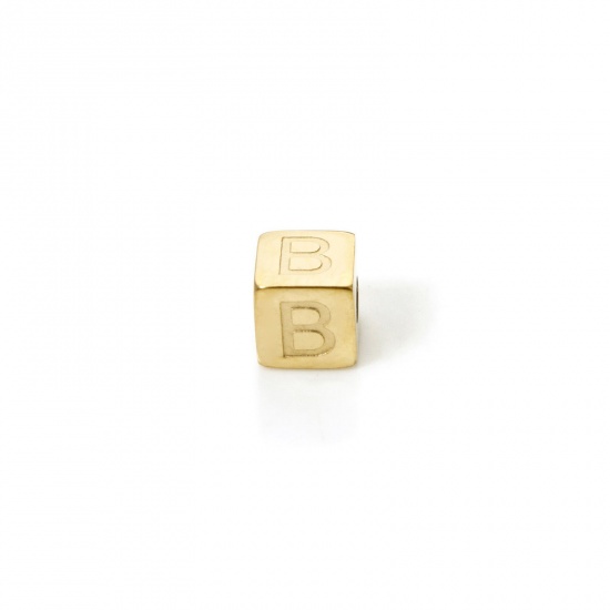 Picture of 2 PCs Eco-friendly PVD Vacuum Plating 304 Stainless Steel Beads For DIY Jewelry Making 14K Gold Plated Cube Capital Alphabet Initial Letter Message " B " 5mm x 5mm, Hole: Approx 2mm