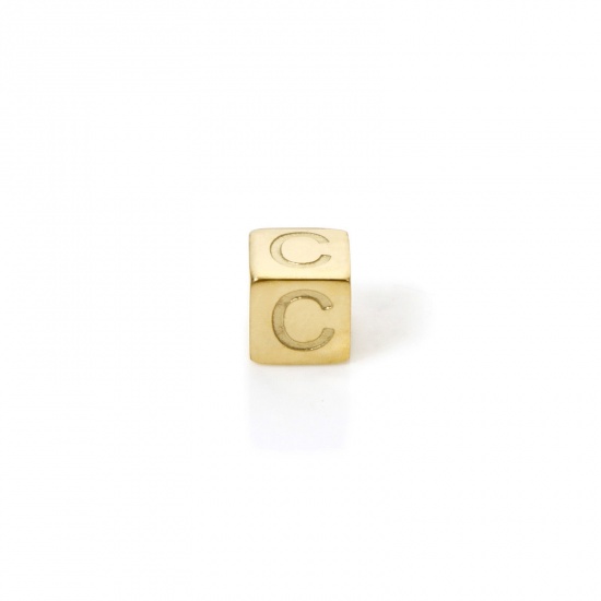 Picture of 2 PCs Eco-friendly PVD Vacuum Plating 304 Stainless Steel Beads For DIY Jewelry Making 14K Gold Plated Cube Capital Alphabet Initial Letter Message " C " 5mm x 5mm, Hole: Approx 2mm