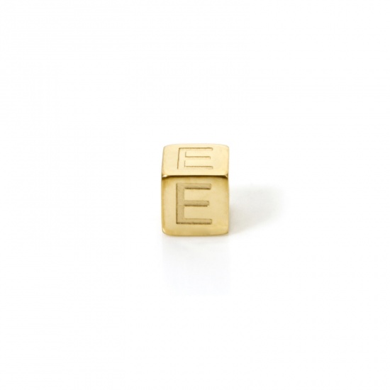 Picture of 2 PCs Eco-friendly PVD Vacuum Plating 304 Stainless Steel Beads For DIY Jewelry Making 14K Gold Plated Cube Capital Alphabet Initial Letter Message " E " 5mm x 5mm, Hole: Approx 2mm