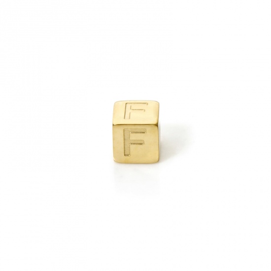 Picture of 2 PCs Eco-friendly PVD Vacuum Plating 304 Stainless Steel Beads For DIY Jewelry Making 14K Gold Plated Cube Capital Alphabet Initial Letter Message " F " 5mm x 5mm, Hole: Approx 2mm