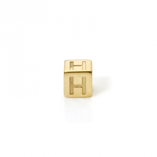 Picture of 2 PCs Eco-friendly PVD Vacuum Plating 304 Stainless Steel Beads For DIY Jewelry Making 14K Gold Plated Cube Capital Alphabet Initial Letter Message " H " 5mm x 5mm, Hole: Approx 2mm