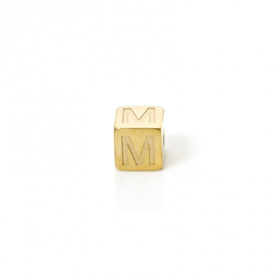 Picture of 2 PCs Eco-friendly PVD Vacuum Plating 304 Stainless Steel Beads For DIY Jewelry Making 14K Gold Plated Cube Capital Alphabet Initial Letter Message " M " 5mm x 5mm, Hole: Approx 2mm