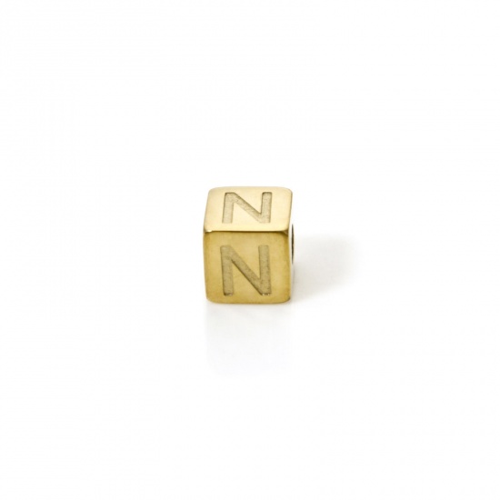 Picture of 2 PCs Eco-friendly PVD Vacuum Plating 304 Stainless Steel Beads For DIY Jewelry Making 14K Gold Plated Cube Capital Alphabet Initial Letter Message " N " 5mm x 5mm, Hole: Approx 2mm