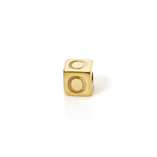 Picture of 2 PCs Eco-friendly PVD Vacuum Plating 304 Stainless Steel Beads For DIY Jewelry Making 14K Gold Plated Cube Capital Alphabet Initial Letter Message " O " 5mm x 5mm, Hole: Approx 2mm