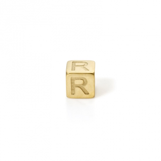 Picture of 2 PCs Eco-friendly PVD Vacuum Plating 304 Stainless Steel Beads For DIY Jewelry Making 14K Gold Plated Cube Capital Alphabet Initial Letter Message " R " 5mm x 5mm, Hole: Approx 2mm