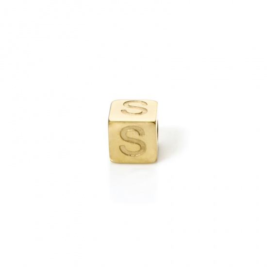 Picture of 2 PCs Eco-friendly PVD Vacuum Plating 304 Stainless Steel Beads For DIY Jewelry Making 14K Gold Plated Cube Capital Alphabet Initial Letter Message " S " 5mm x 5mm, Hole: Approx 2mm