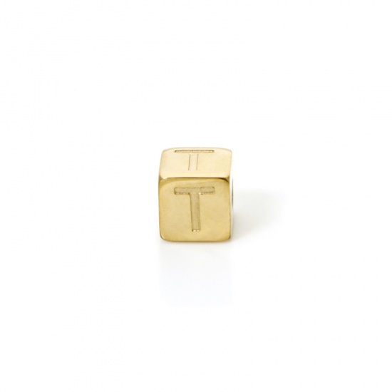 Picture of 2 PCs Eco-friendly PVD Vacuum Plating 304 Stainless Steel Beads For DIY Jewelry Making 14K Gold Plated Cube Capital Alphabet Initial Letter Message " T " 5mm x 5mm, Hole: Approx 2mm