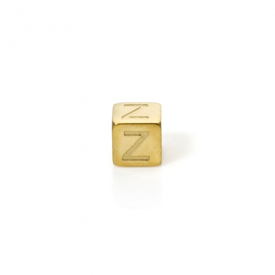 Picture of 2 PCs Eco-friendly PVD Vacuum Plating 304 Stainless Steel Beads For DIY Jewelry Making 14K Gold Plated Cube Capital Alphabet Initial Letter Message " Z " 5mm x 5mm, Hole: Approx 2mm