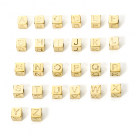 Picture of 1 Set ( 26 PCs/Set) Eco-friendly PVD Vacuum Plating 304 Stainless Steel Beads For DIY Jewelry Making 14K Gold Plated Cube Capital Alphabet Initial Letter Message " A-Z " 5mm x 5mm, Hole: Approx 2mm