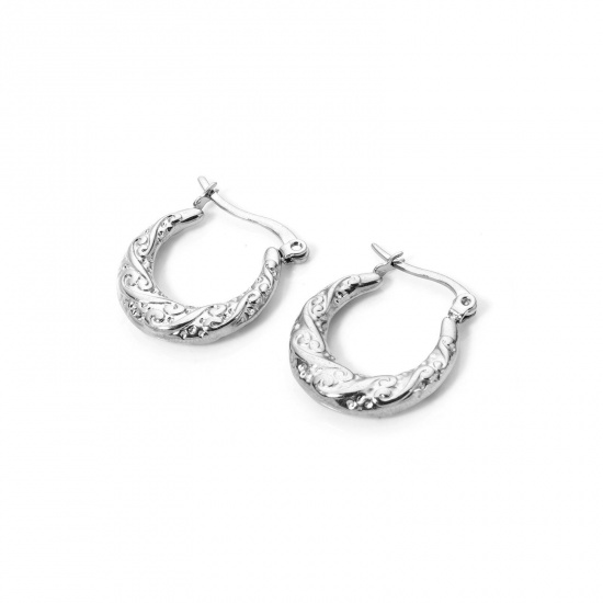 Picture of 1 Pair Exquisite Simple Silver Tone 304 Stainless Steel U Shaped Hoop Earrings For Women 22mm x 19mm, Post/ Wire Size: (22 gauge)
