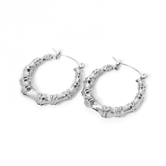 Picture of 1 Pair Exquisite Simple Silver Tone 304 Stainless Steel Bamboo-shaped Hoop Earrings For Women 3.2cm Dia., Post/ Wire Size: (22 gauge)