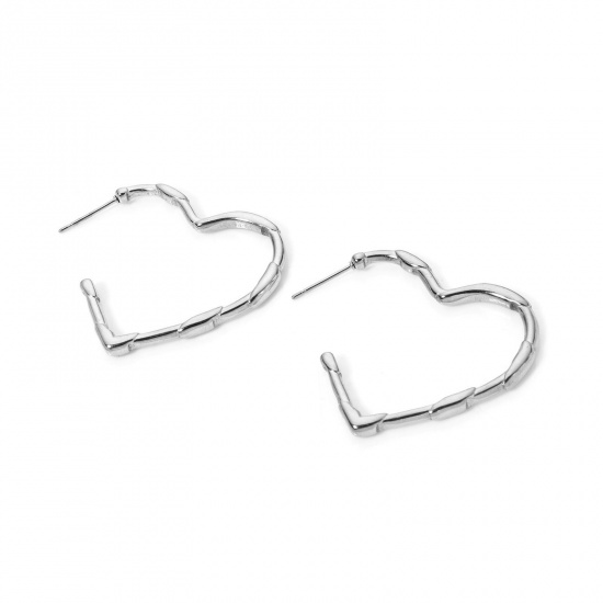 Picture of 1 Pair Exquisite Simple Silver Tone 304 Stainless Steel Heart Hoop Earrings For Women 3.3cm x 3.3cm, Post/ Wire Size: (21 gauge)