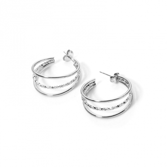 Picture of 1 Pair Exquisite Simple Silver Tone 304 Stainless Steel C Shaped Hoop Earrings For Women 26mm x 25mm, Post/ Wire Size: (22 gauge)