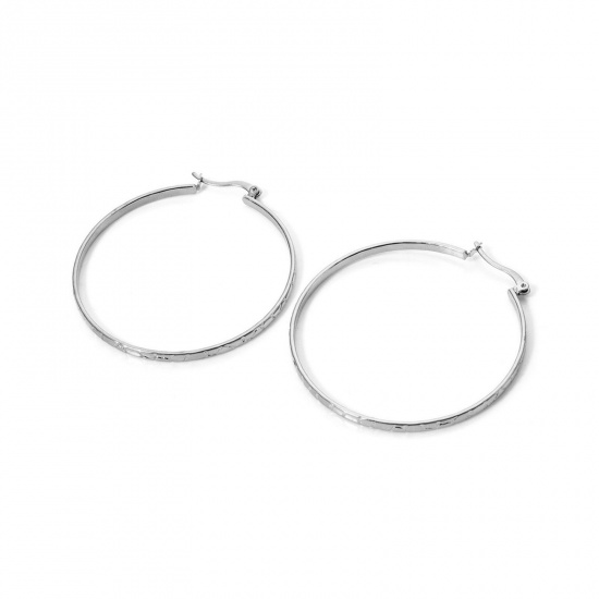 Picture of 1 Pair Exquisite Simple Silver Tone 304 Stainless Steel Circle Ring Hoop Earrings For Women 5.3cm x 5cm, Post/ Wire Size: (22 gauge)