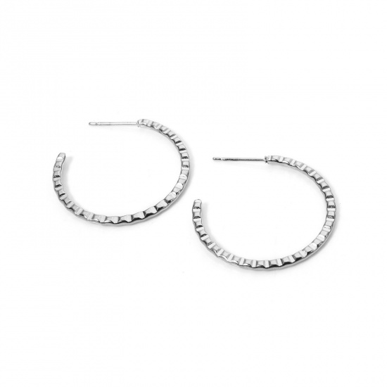 Picture of 1 Pair Exquisite Simple Silver Tone 304 Stainless Steel C Shaped Hoop Earrings For Women 3cm x 3cm, Post/ Wire Size: (21 gauge)