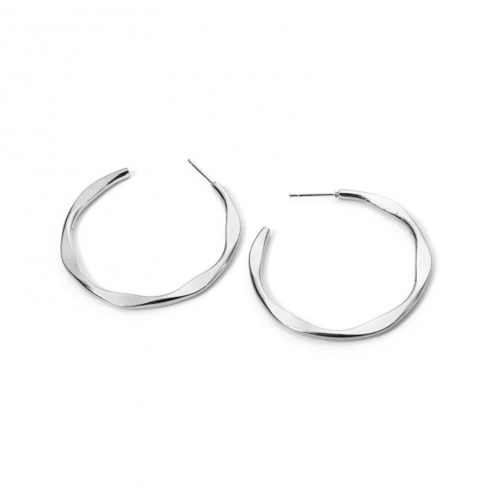Picture of 1 Pair Exquisite Simple Silver Tone 304 Stainless Steel C Shaped Twisted Hoop Earrings For Women 4.1cm x 4.1cm, Post/ Wire Size: (21 gauge)