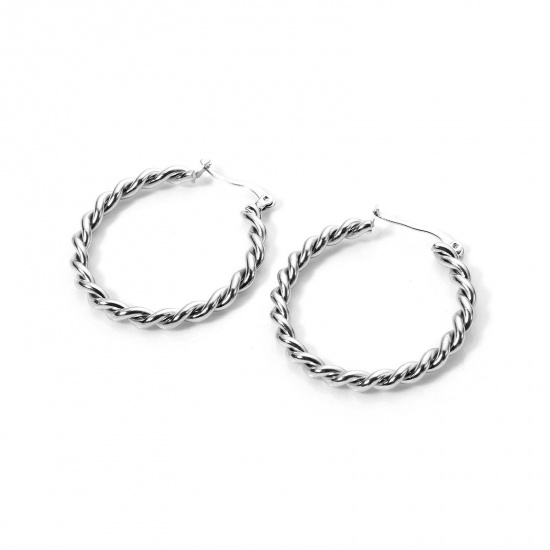 Picture of 1 Pair Exquisite Simple Silver Tone 304 Stainless Steel Round Hoop Earrings For Women 3.8cm x 3.6cm, Post/ Wire Size: (22 gauge)