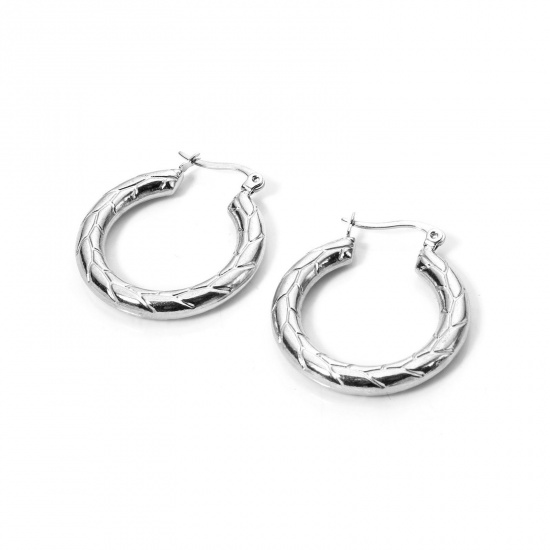 Picture of 1 Pair Exquisite Simple Silver Tone 304 Stainless Steel Round Hoop Earrings For Women 3.1cm x 2.9cm, Post/ Wire Size: (22 gauge)