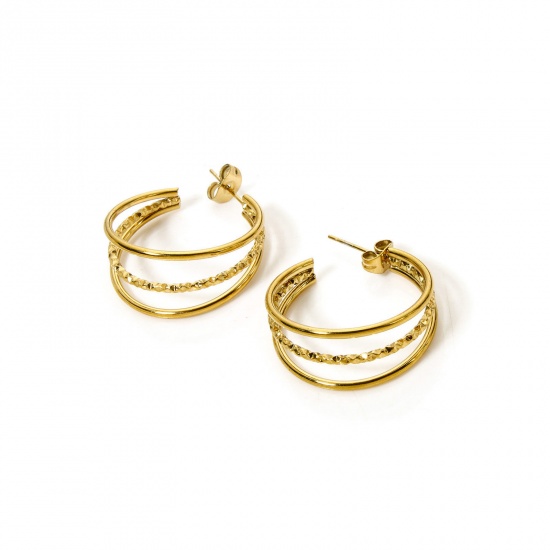 Picture of 1 Pair Eco-friendly PVD Vacuum Plating 18K Gold Plated 304 Stainless Steel C Shaped Hoop Earrings 26mm x 25mm