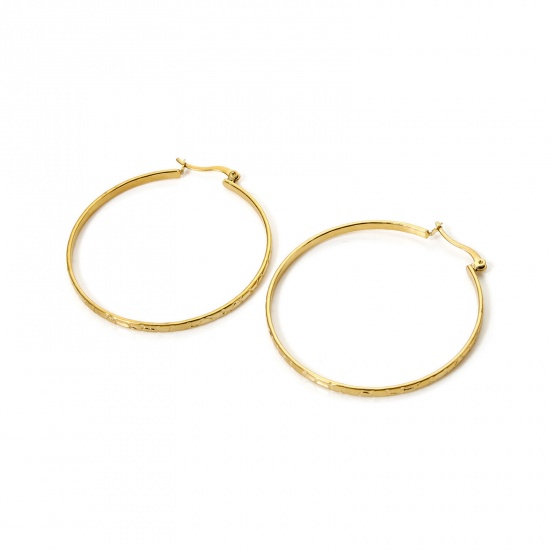 Picture of 1 Pair Eco-friendly PVD Vacuum Plating 18K Gold Plated 304 Stainless Steel Round Disc Hoop Earrings 5.3cm x