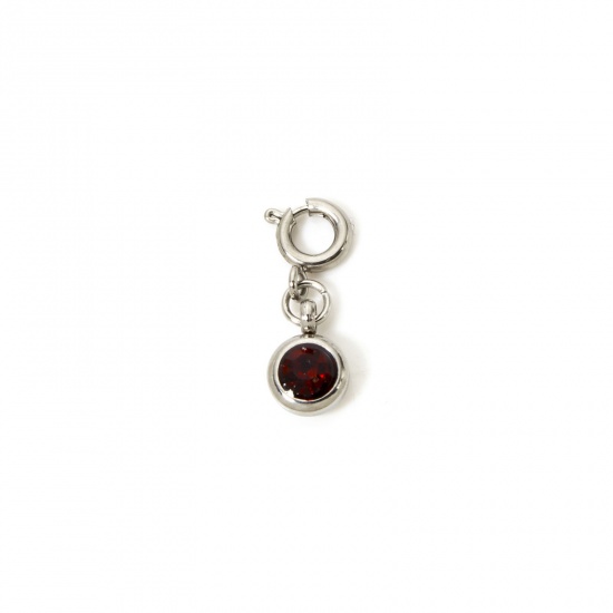 Picture of 1 Piece 304 Stainless Steel Birthstone Charms Silver Tone Round January Wine Red Rhinestone 20mm x 6.5mm