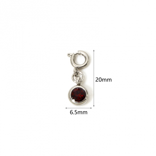 Picture of 1 Piece 304 Stainless Steel Birthstone Charms Silver Tone Round January Wine Red Rhinestone 20mm x 6.5mm