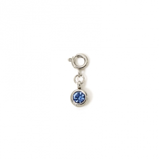 Picture of 1 Piece 304 Stainless Steel Birthstone Charms Silver Tone Round March Aqua Blue Rhinestone 20mm x 6.5mm