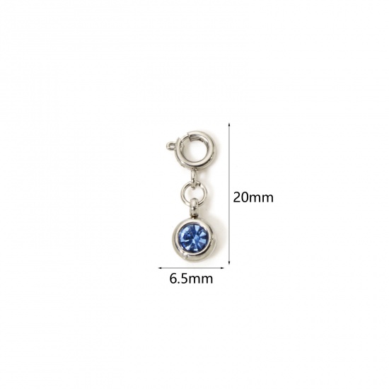 Picture of 1 Piece 304 Stainless Steel Birthstone Charms Silver Tone Round March Aqua Blue Rhinestone 20mm x 6.5mm